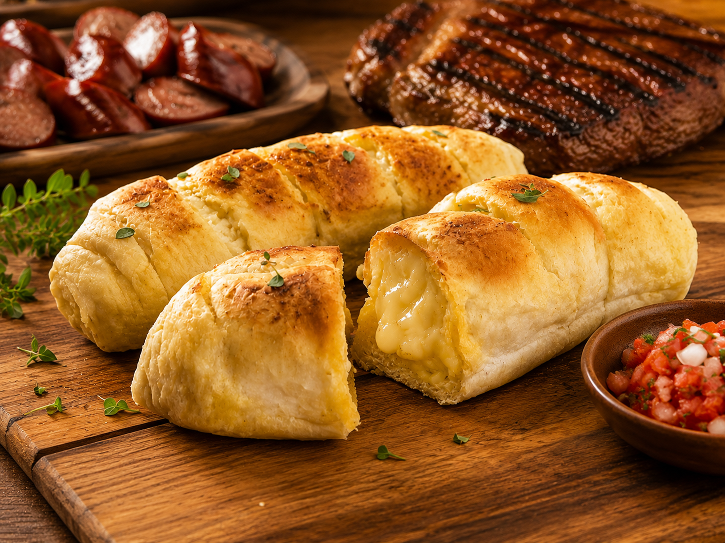 Pão de alho Tradicional dourado com recheio cremoso ao lado de carnes na churrasqueira